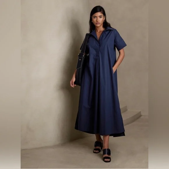 blue cotton poplin maxi shirt dress by evi grintela Cara Embroidered – Evi Grintela